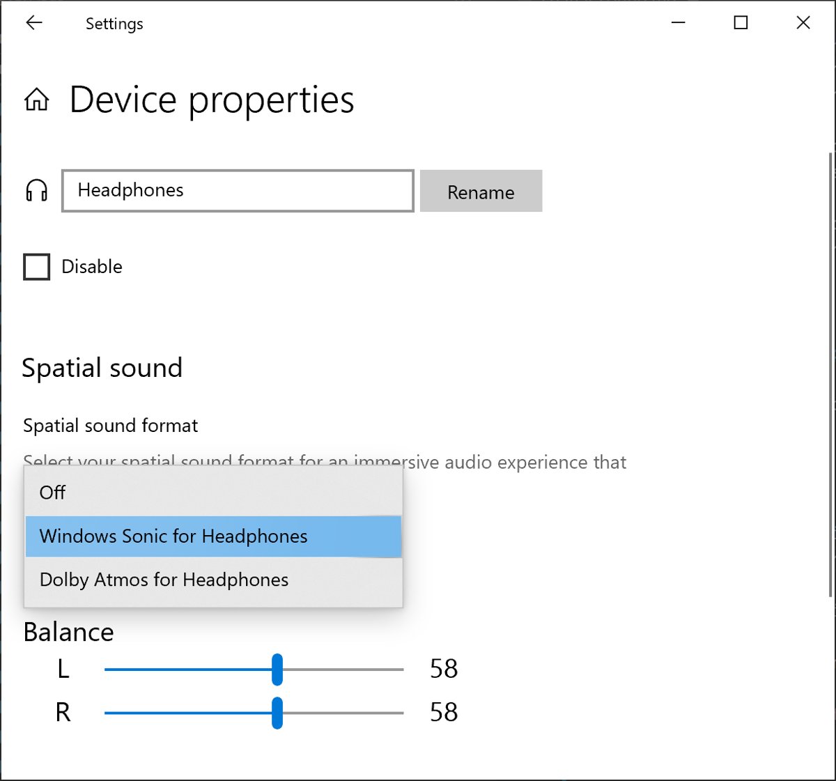 Windows 10 headphone Device properties with the Spatial sound format list open