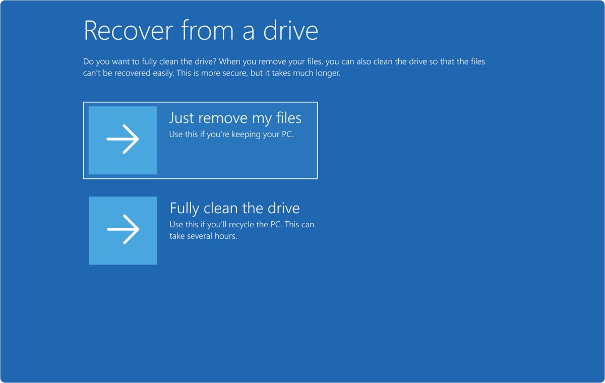 Windows 10 recovery drive boot: Recover from a drive cleaning options