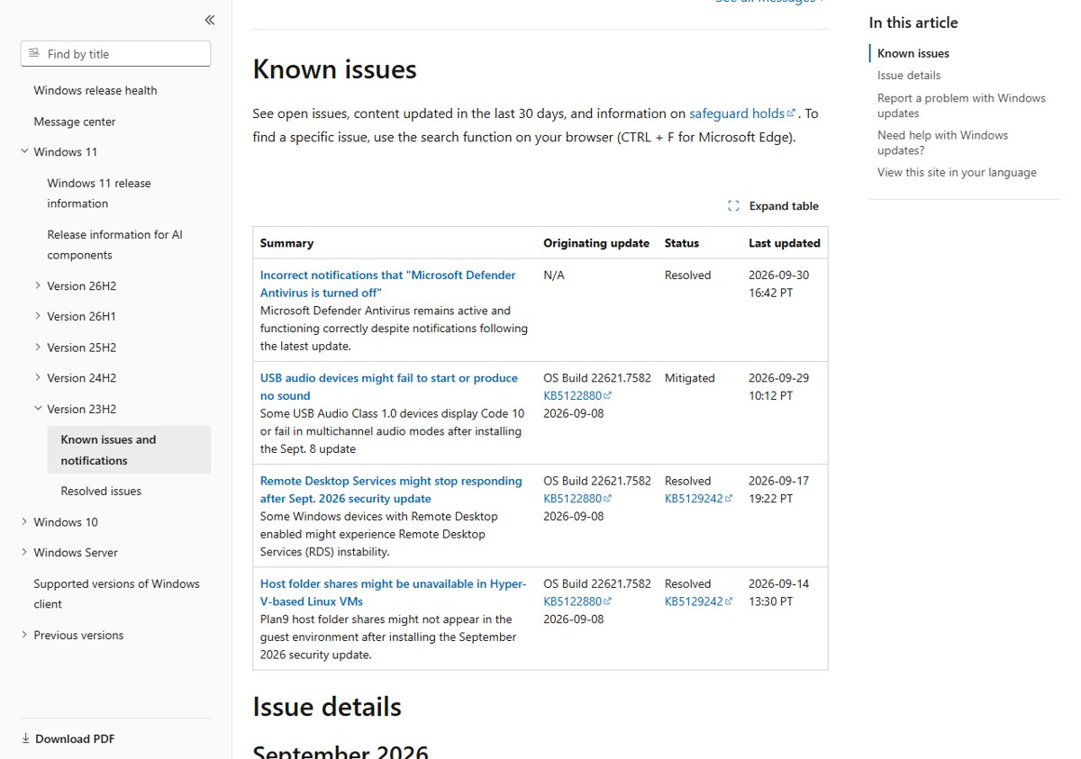 Windows 11 23H2 known issues table with USB audio marked Mitigated