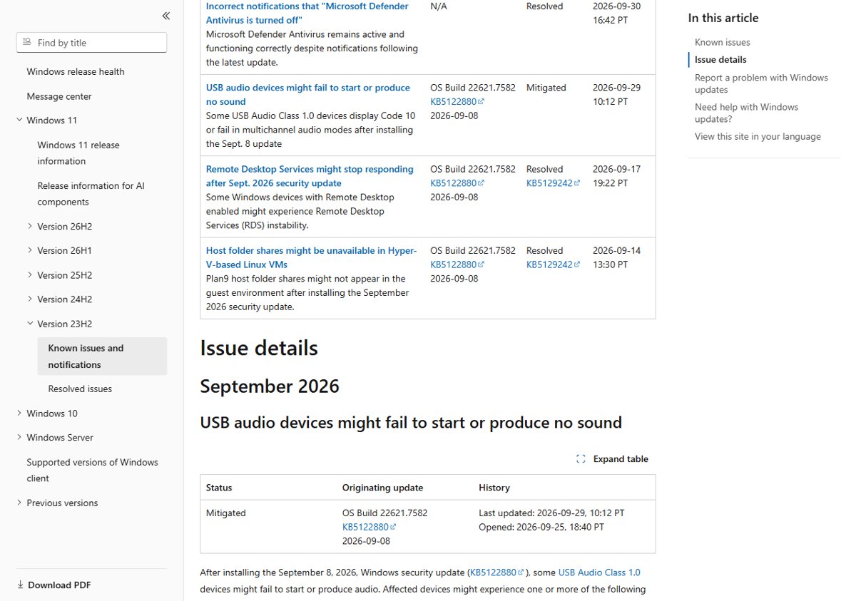 Windows 11 23H2 release health known issues table and USB audio issue details