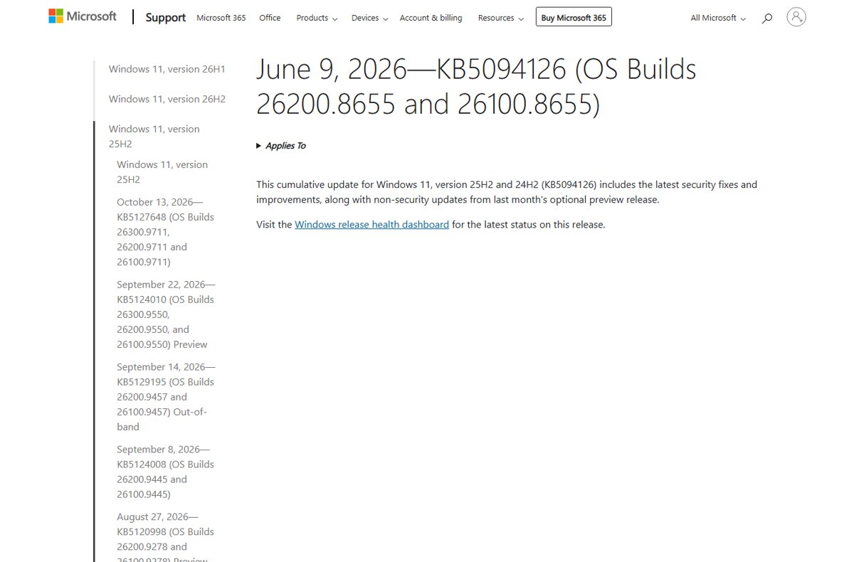 Windows 11 24H2 and 25H2 update KB5094126 release notes page