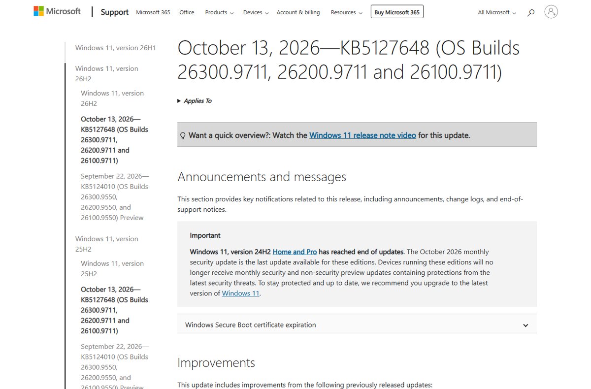 Windows 11 24H2 end of updates notice on the KB5127648 release notes page