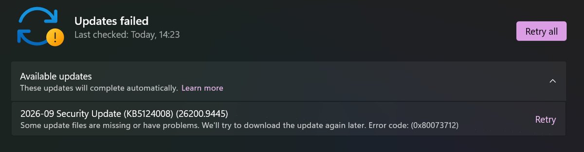 Windows 11 25H2 update failure showing error code 0x80073712 in Windows Update