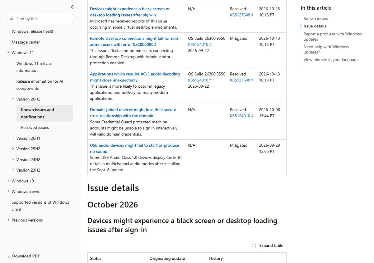 Windows 11 26H2 release health table of known issues and their status