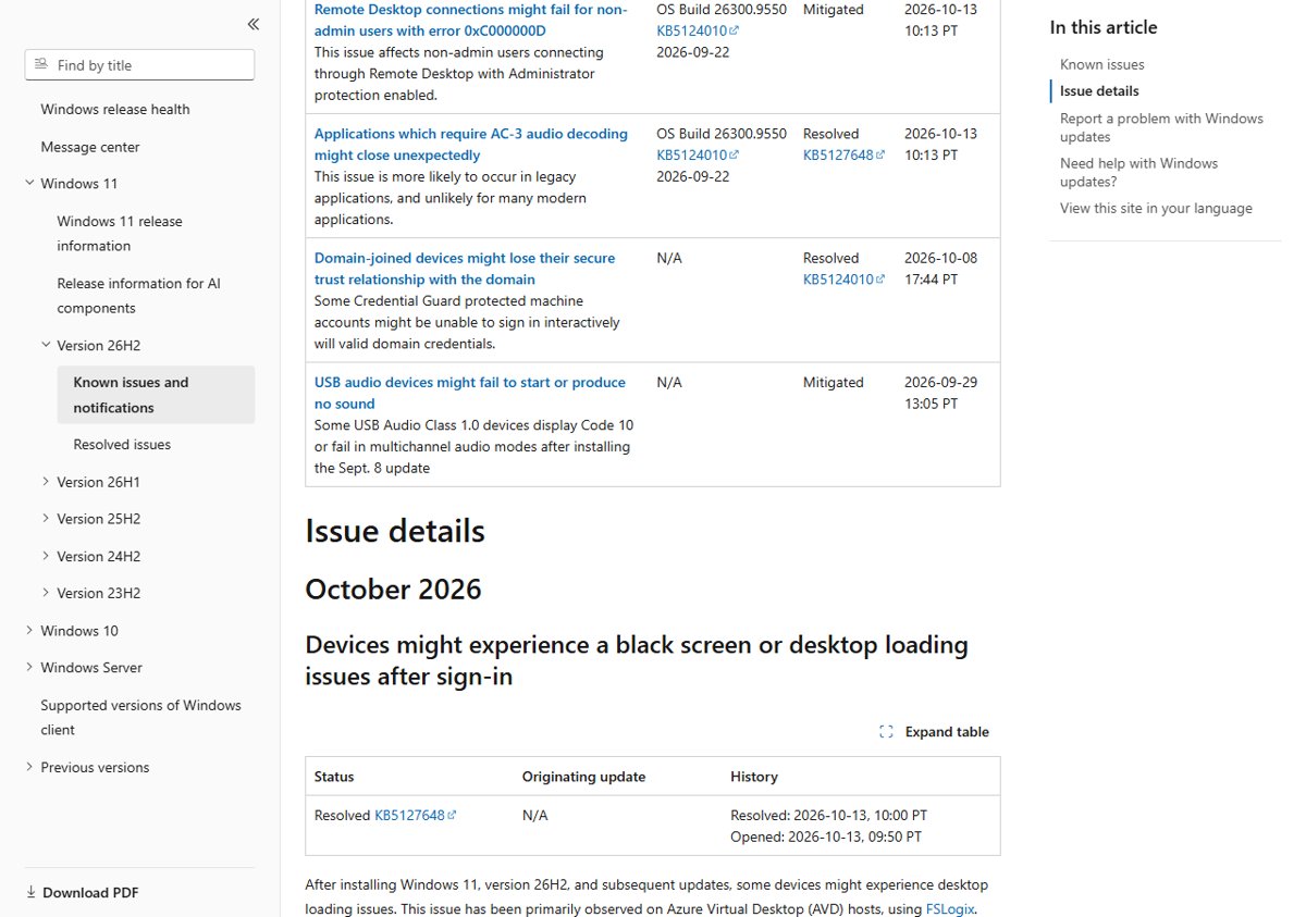 Windows 11 26H2 release health table showing AC-3 and USB audio issue status