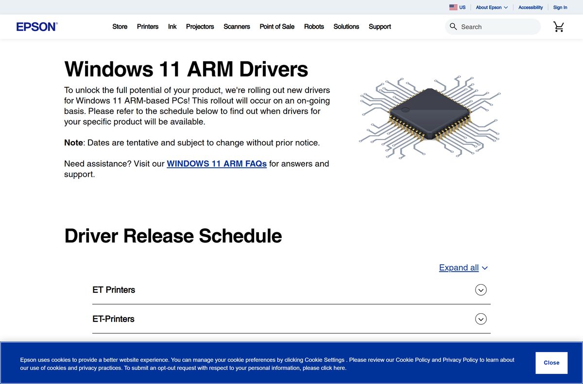 Epson page listing Windows 11 ARM driver availability by product