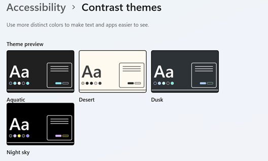 Windows 11 Accessibility Contrast themes page with four theme previews