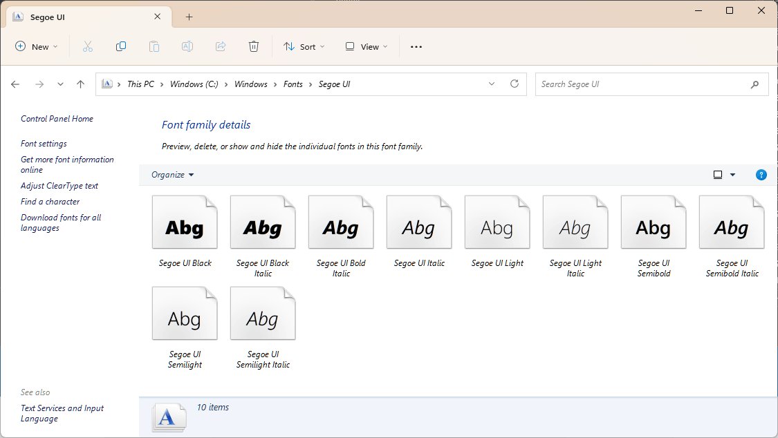 Windows 11 Fonts folder showing the Segoe UI font family styles