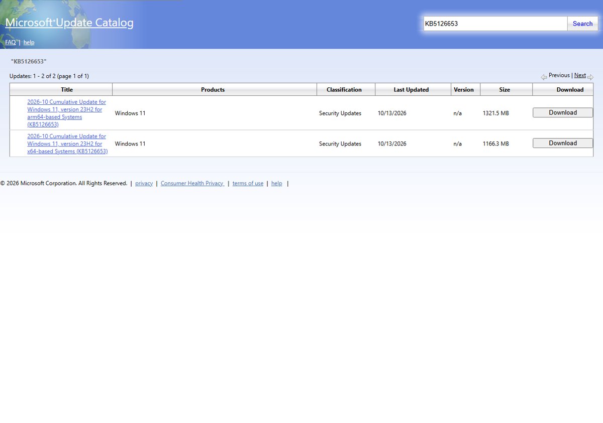 Windows 11 KB5126653 download entries in the Microsoft Update Catalog