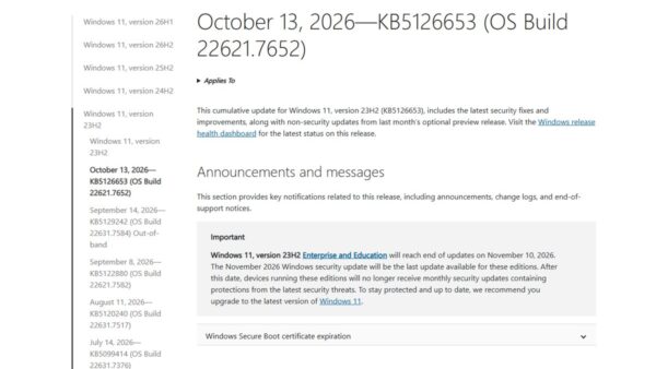 Windows 11 KB5126653 issues: release notes page for OS Build 22621.7652