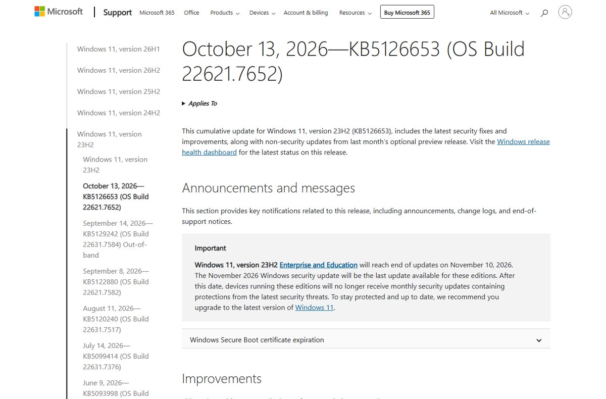 Windows 11 KB5126653 issues: release notes page for OS Build 22621.7652