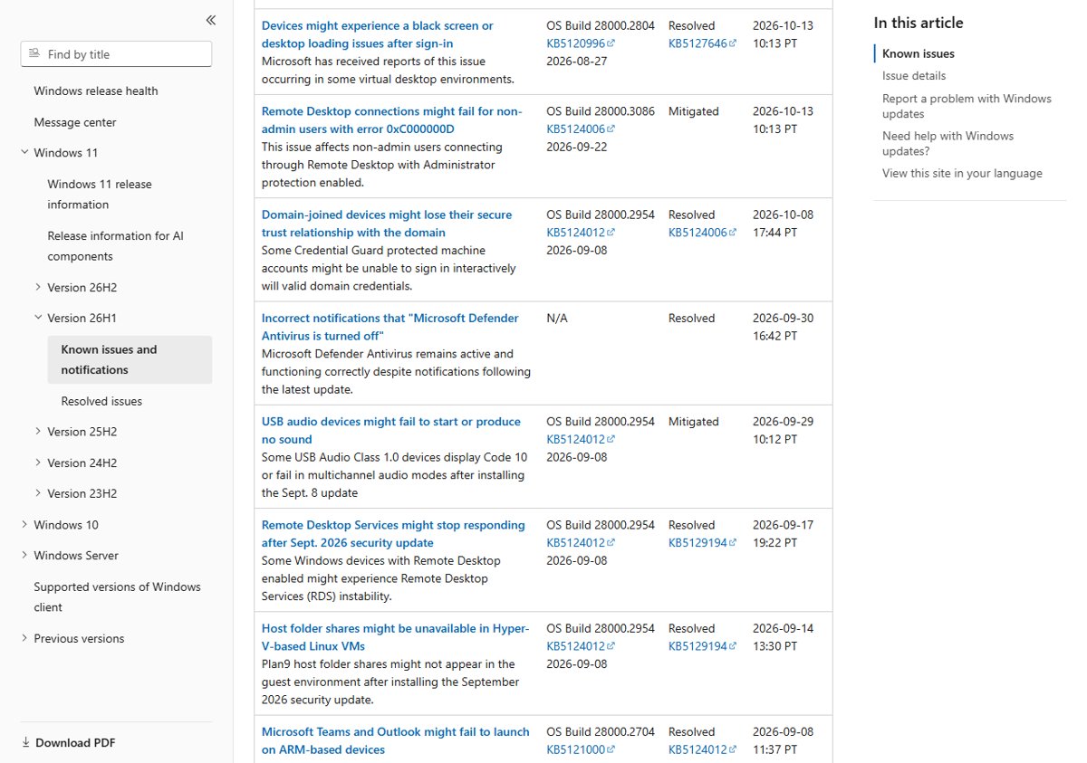 Windows 11 KB5127646 issues in the 26H1 release health known issues table
