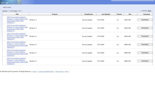 Windows 11 KB5127648 download entries in the Microsoft Update Catalog