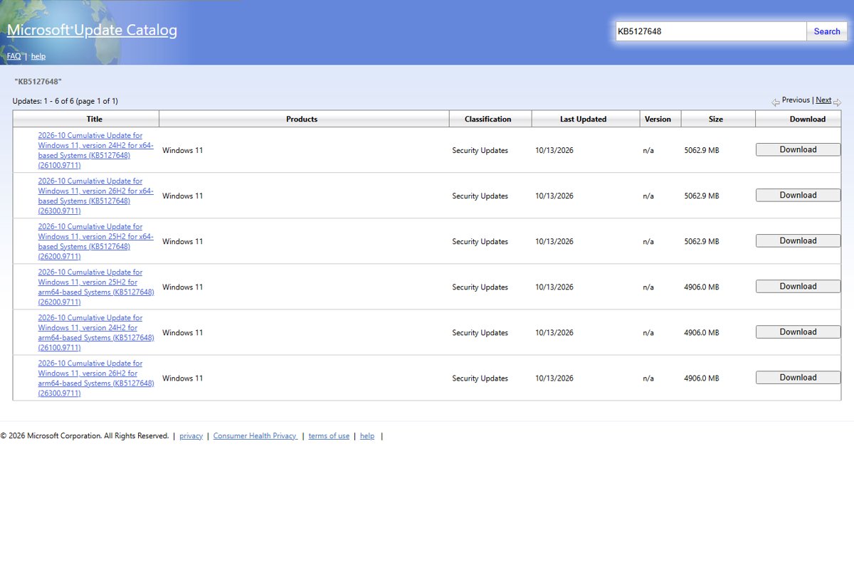 Windows 11 KB5127648 download entries in the Microsoft Update Catalog