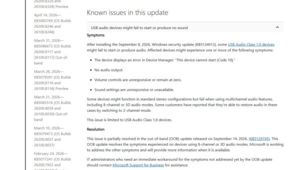 Windows 11 KB5127648 issues listed under Known issues in this update
