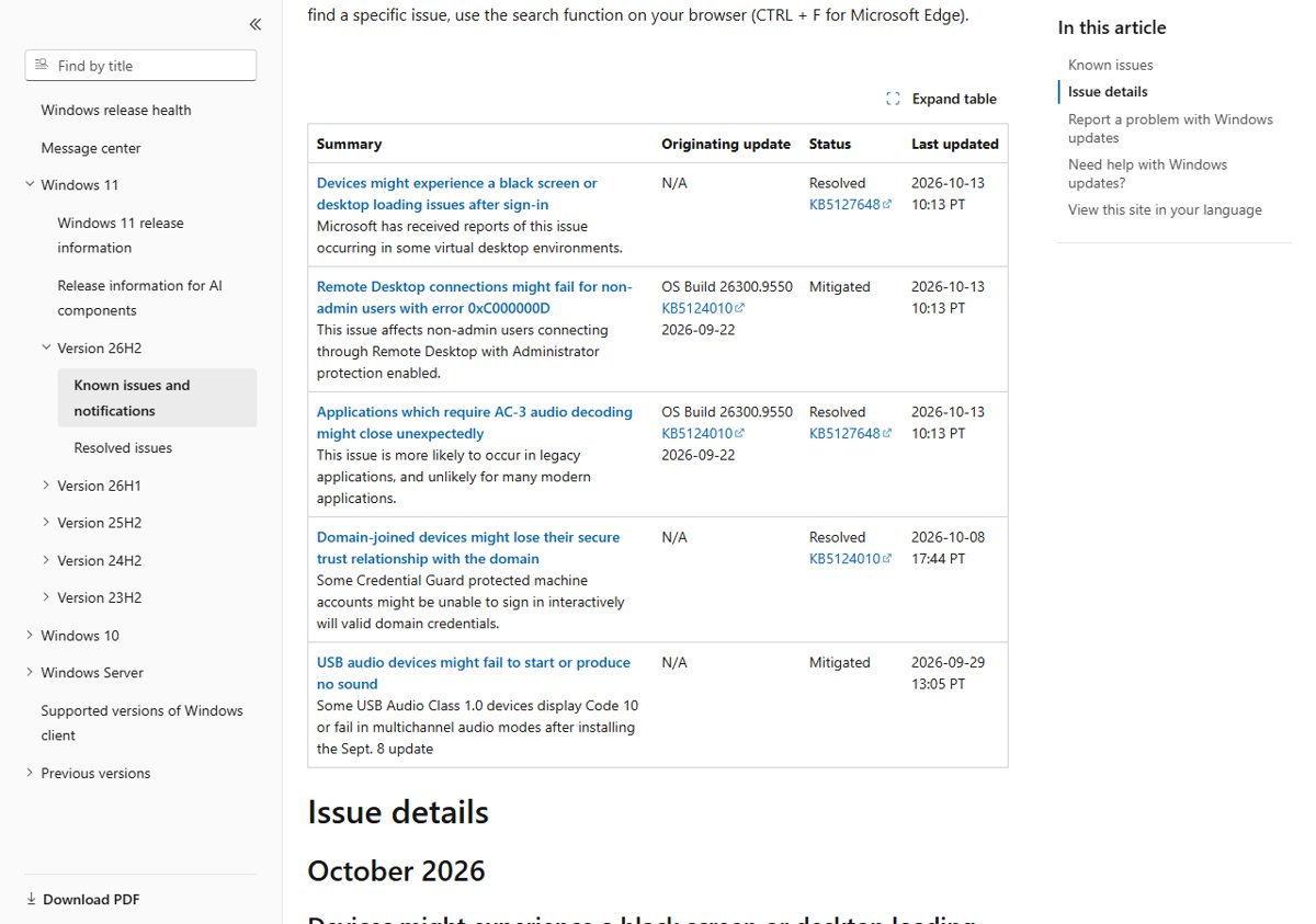 Windows 11 October 2026 Update issues in the 26H2 known issues table