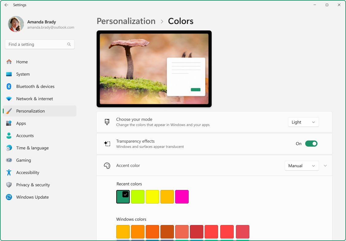 Windows 11 Personalization Colors page with Choose your mode set to Light