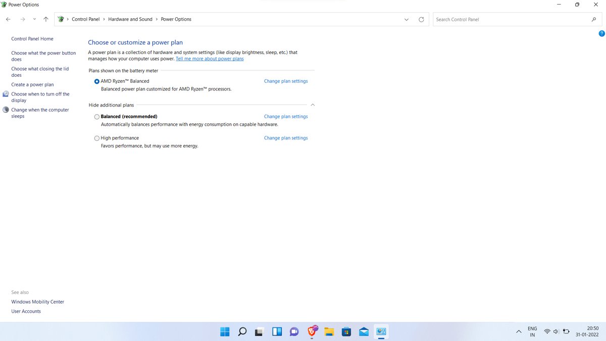 Windows 11 Power Options listing Balanced and High performance power plans
