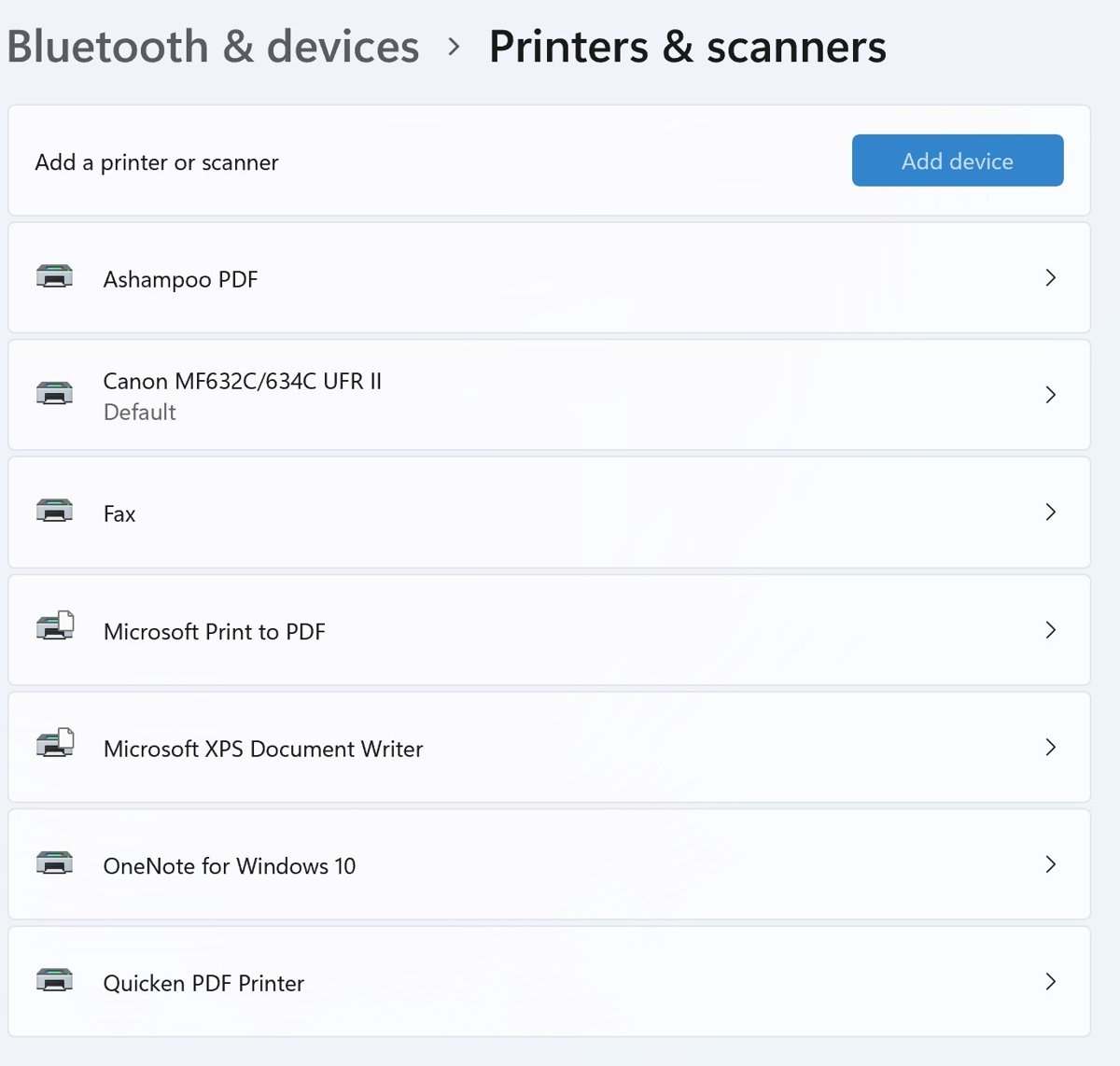 Windows 11 Printers & scanners page with the Add device button