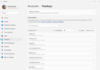 Windows 11 Settings at Accounts > Passkeys listing saved passkeys by website