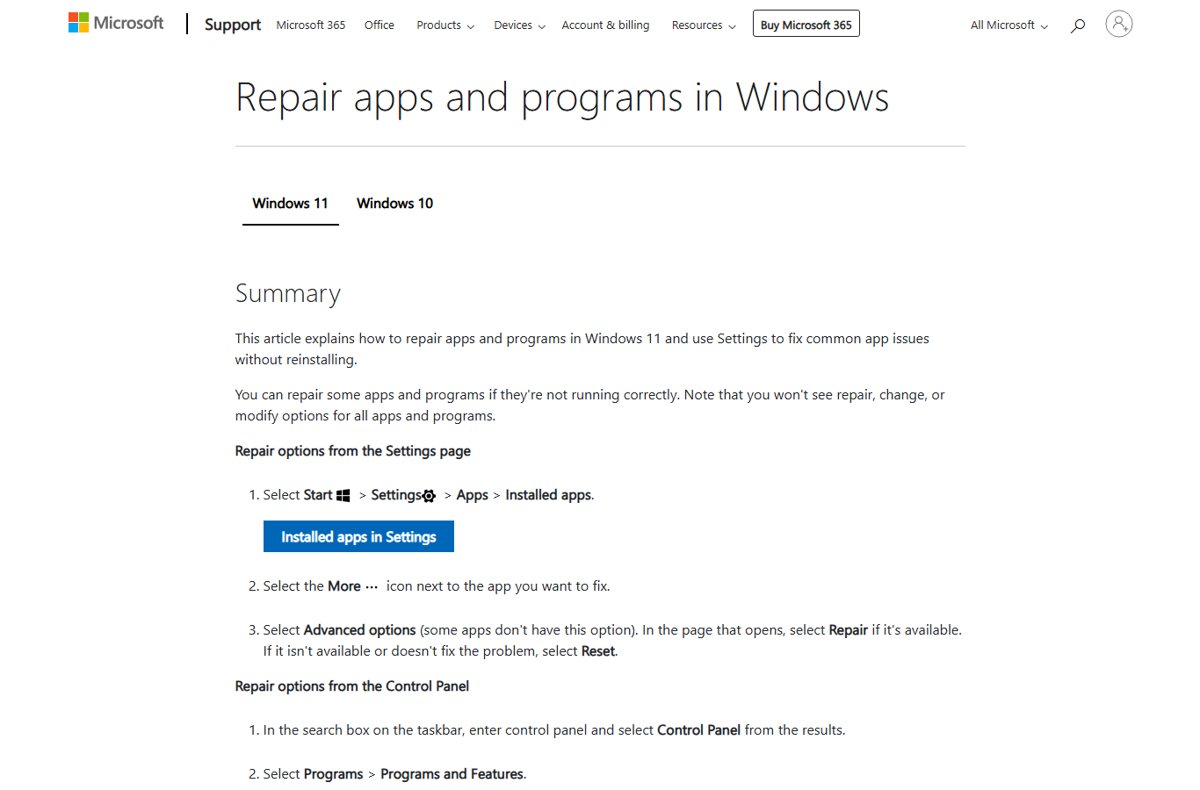 Windows 11 Settings steps for repairing an installed app from Installed apps