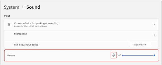 Windows 11 Sound settings Input section with microphone volume slider