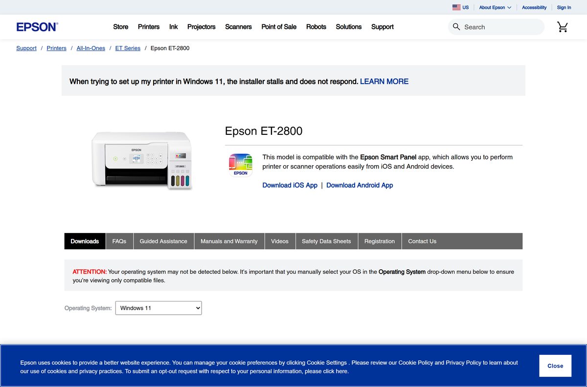 Epson support page listing printer driver downloads for Windows 11