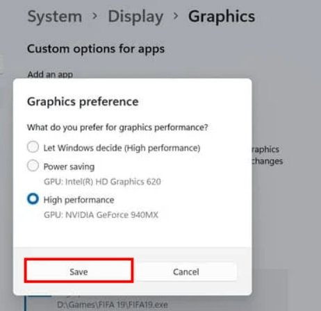 Windows 11 graphics settings per-app GPU preference with High performance selected for a laptop