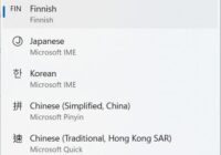 Windows 11 keyboard layout switcher listing Finnish, Japanese, Korean and Chinese layouts