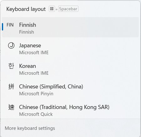 Windows 11 keyboard layout switcher listing Finnish, Japanese, Korean and Chinese layouts