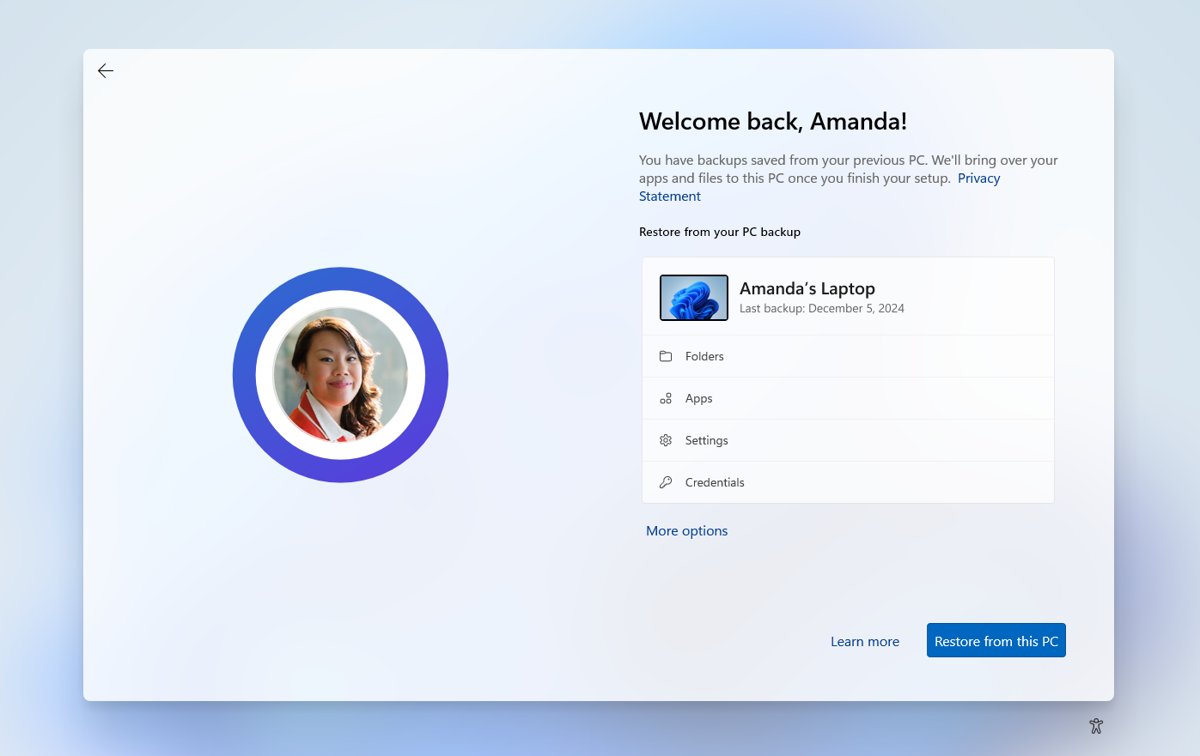 Windows 11 setup offering to restore folders, apps and settings from a PC backup