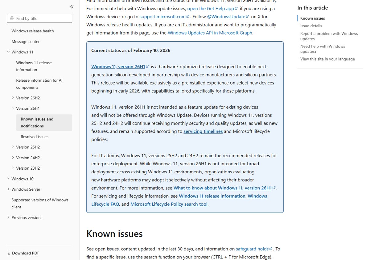 Windows 11 version 26H1 release health status note on Microsoft Learn