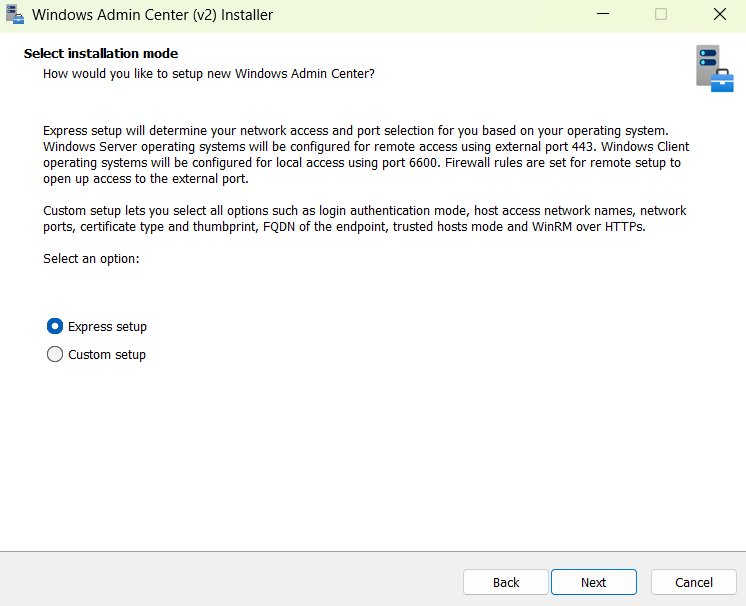 Windows Admin Center Custom setup option in the installation mode screen