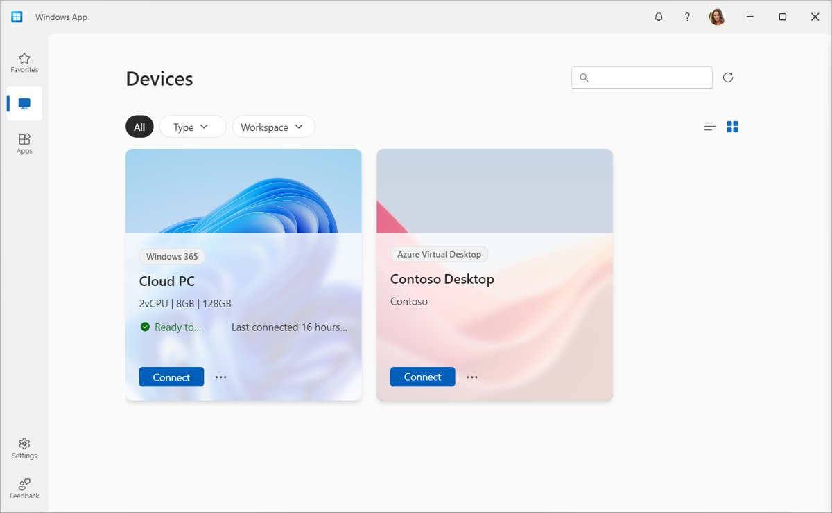 Windows App Devices tab with a Windows 365 Cloud PC and Azure Virtual Desktop