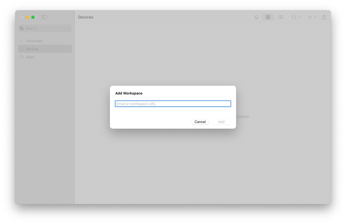 Windows App on Mac with the Add Workspace box for a workspace URL