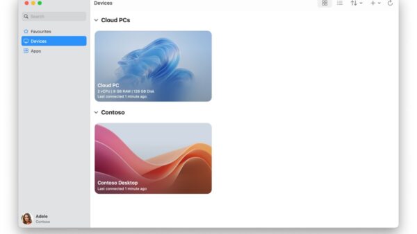 Windows App on macOS showing the Devices tab with two desktops