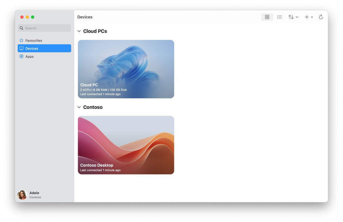 Windows App on macOS showing the Devices tab with two desktops