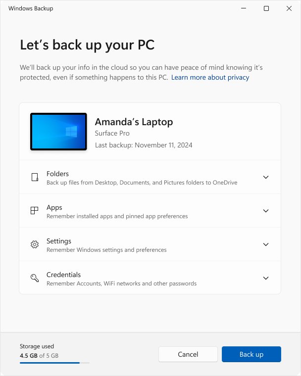 Windows Backup app listing Folders, Apps, Settings and Credentials to back up