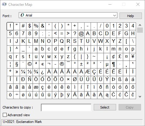 Windows Character Map showing the Arial character grid and Advanced view checkbox