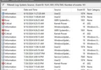 Windows Event Viewer System log filtered by event IDs including 41 and 1074