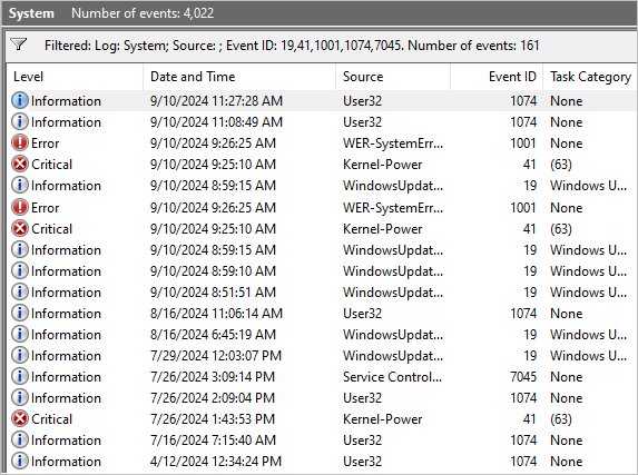 Windows Event Viewer System log filtered by event IDs including 41 and 1074