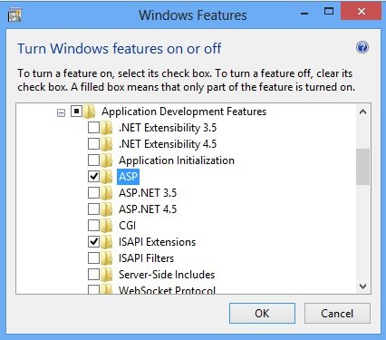Windows Features list with ASP and ISAPI Extensions ticked under Application Development Features