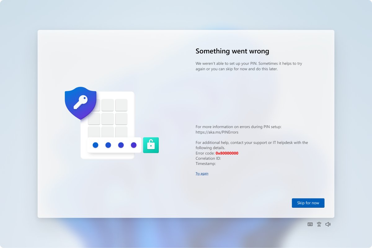 Windows Hello PIN setup failure screen with an error code and Try again link