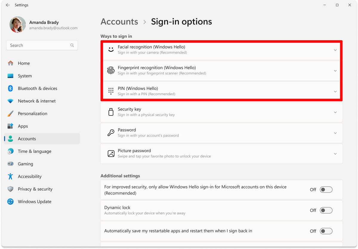 Windows Hello setup in Sign-in options: facial recognition, fingerprint recognition and PIN