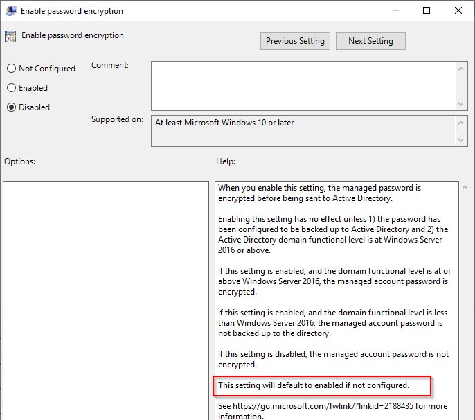Windows LAPS GPO Enable password encryption setting with its help text
