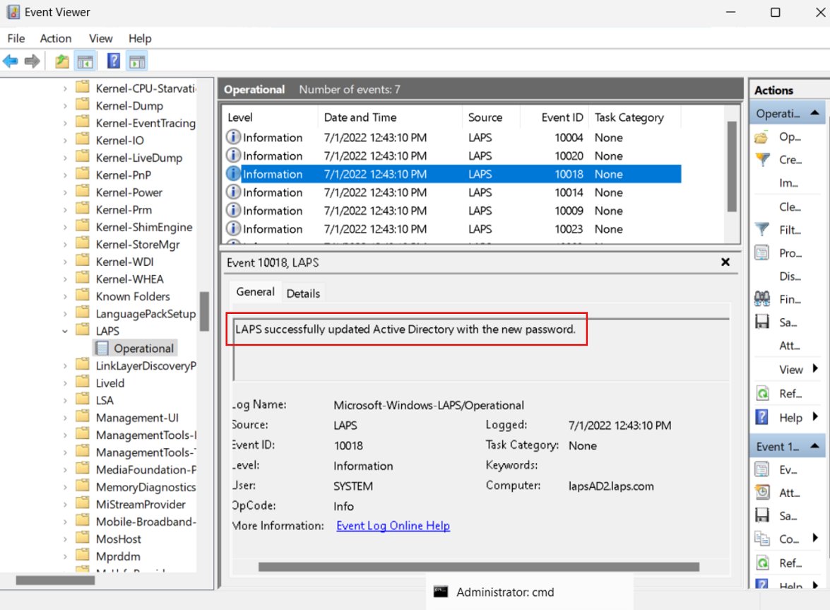 Windows LAPS event ID 10018 confirming password backup to Active Directory