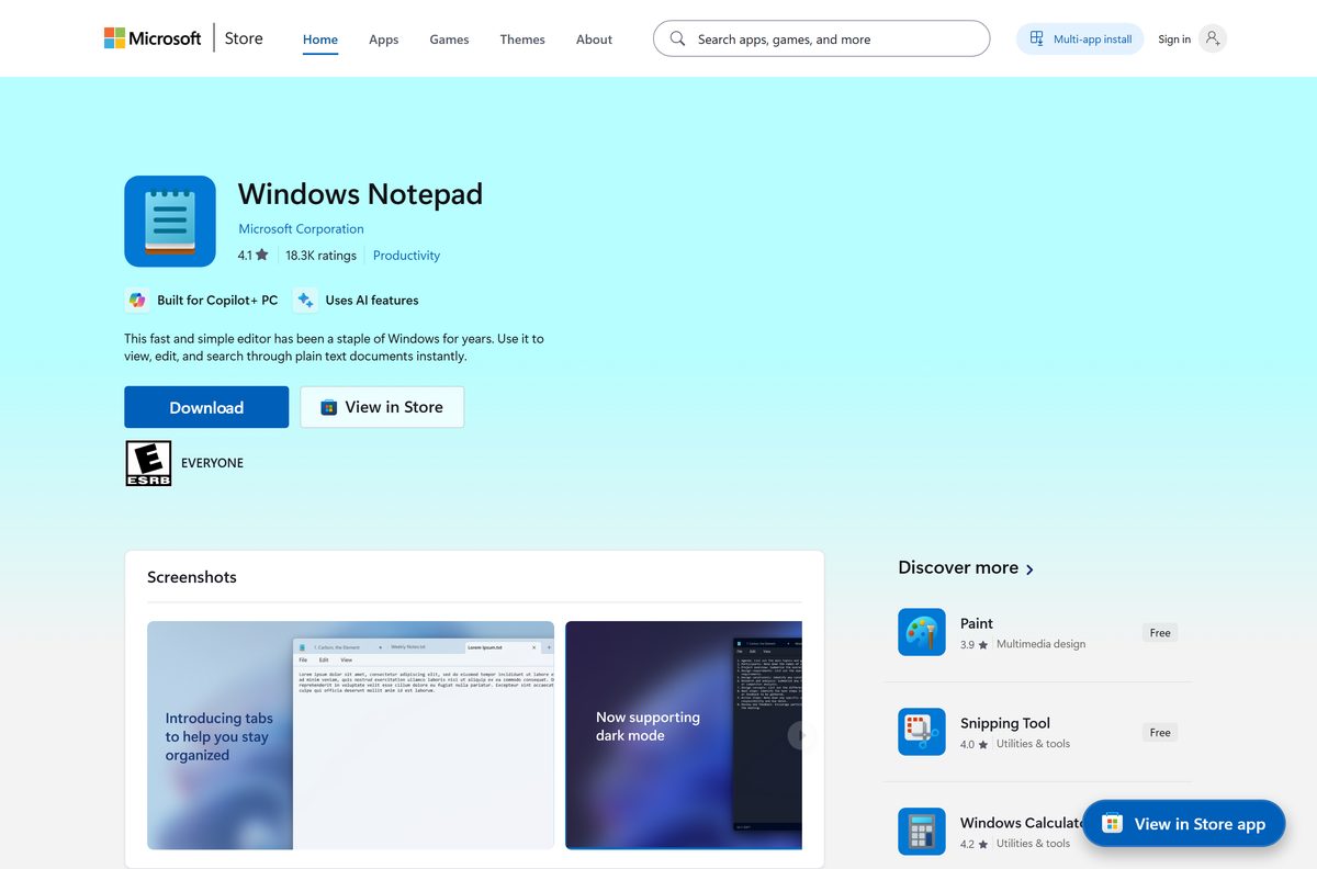 Microsoft Store listing for Windows Notepad with its rating and Get button