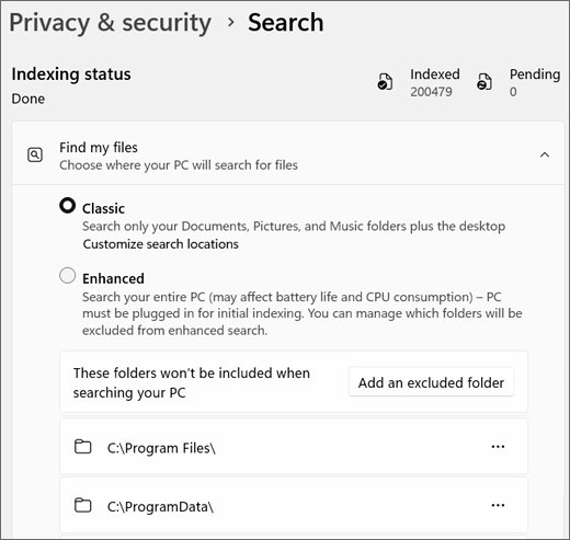 Windows Search indexing settings with Classic and Enhanced modes for finding files