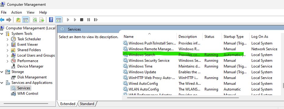 Windows Search service startup type in Services showing Running status