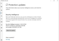 Windows Security Protection updates page showing Defender security intelligence version